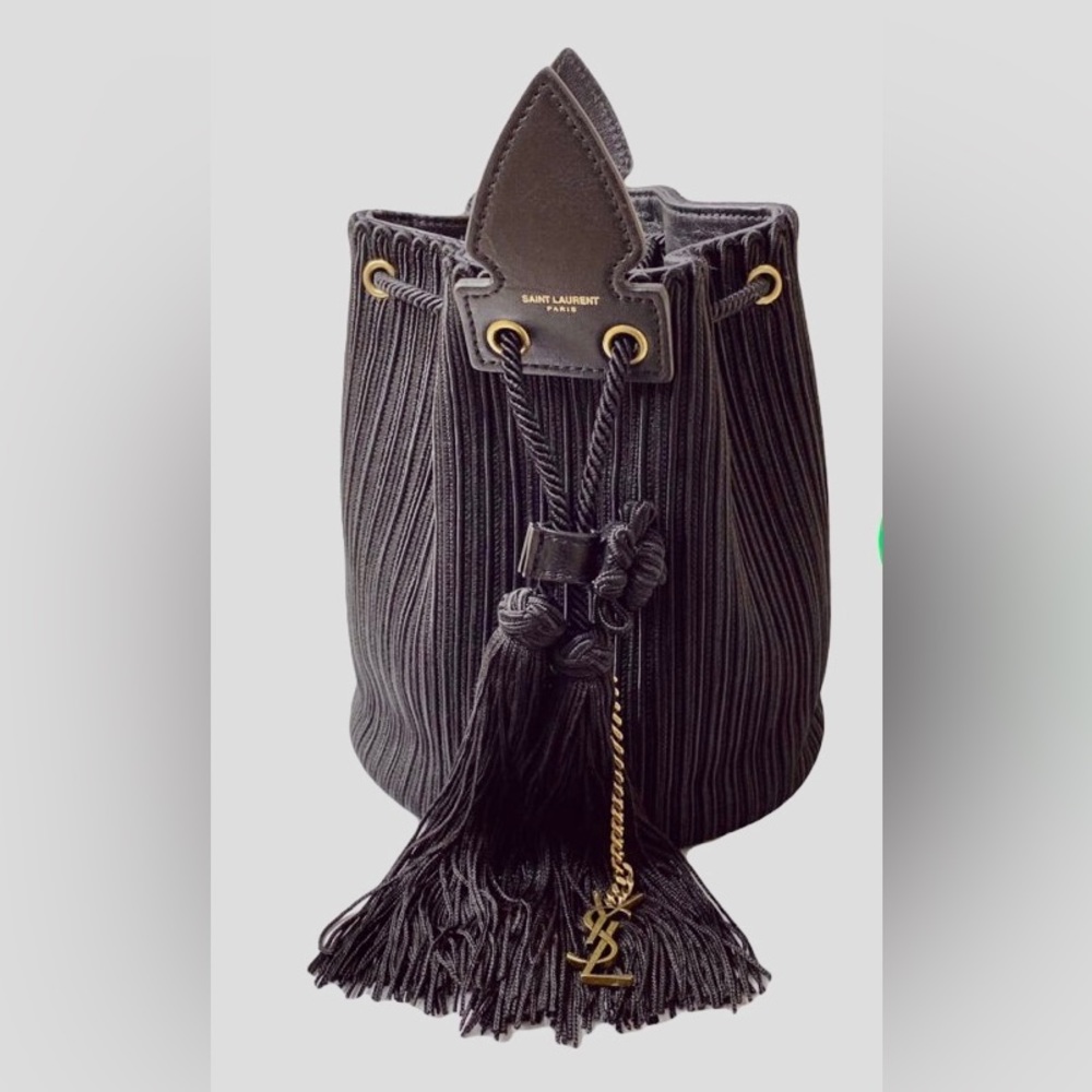 YSL Saint Laurent Black Anja Embroidered Bucket Bag W/COA